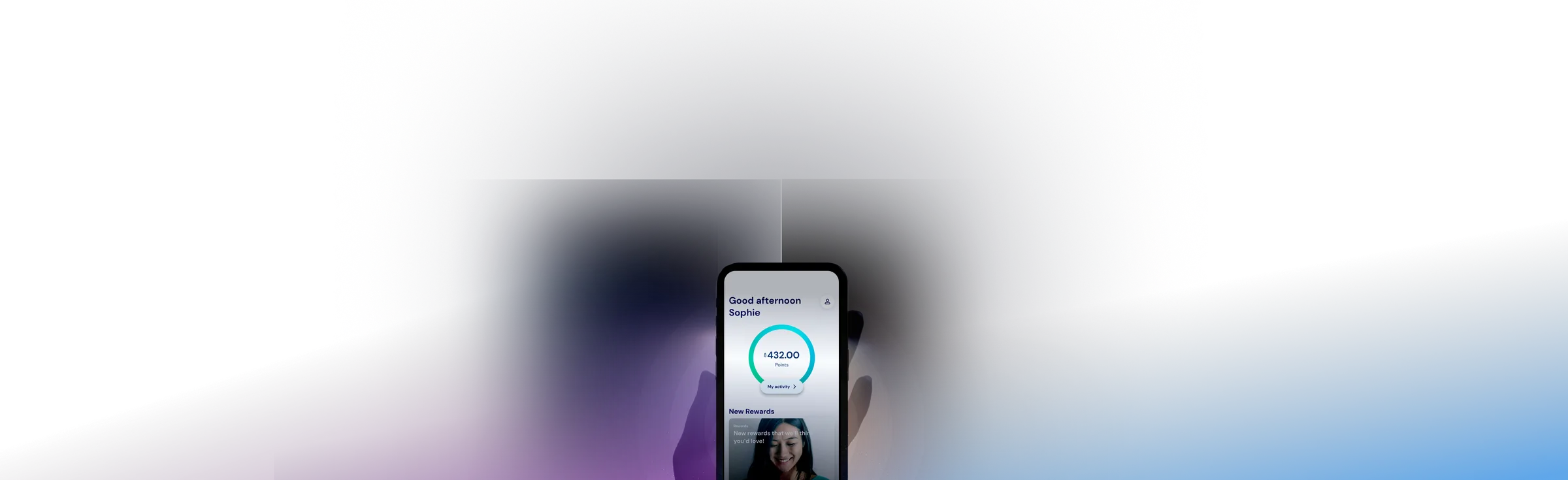 A glowing smartphone showing the Gener8 rewards app, floating in front of an ambient purple-to-blue light