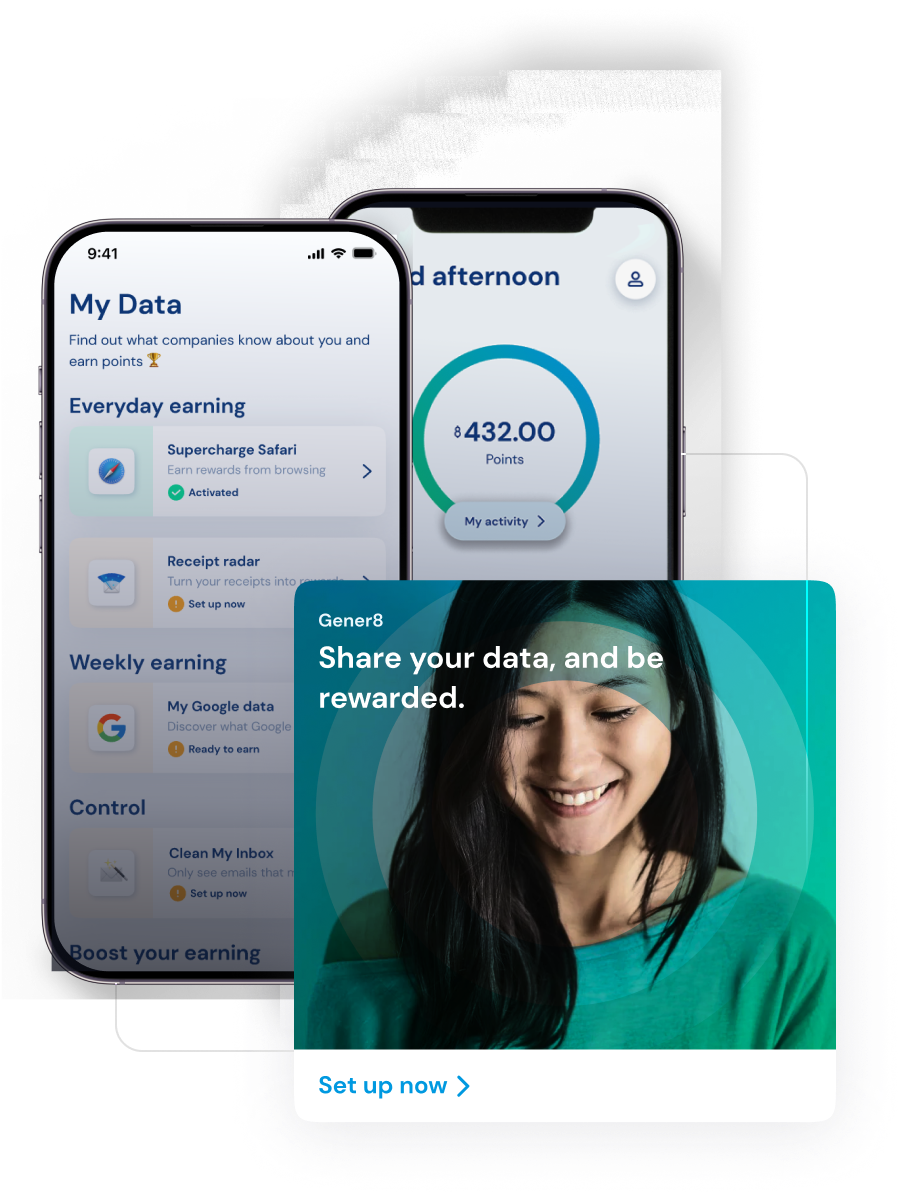 The Gener8 app's My Data screen, alongside a prompt to share your data and be rewarded