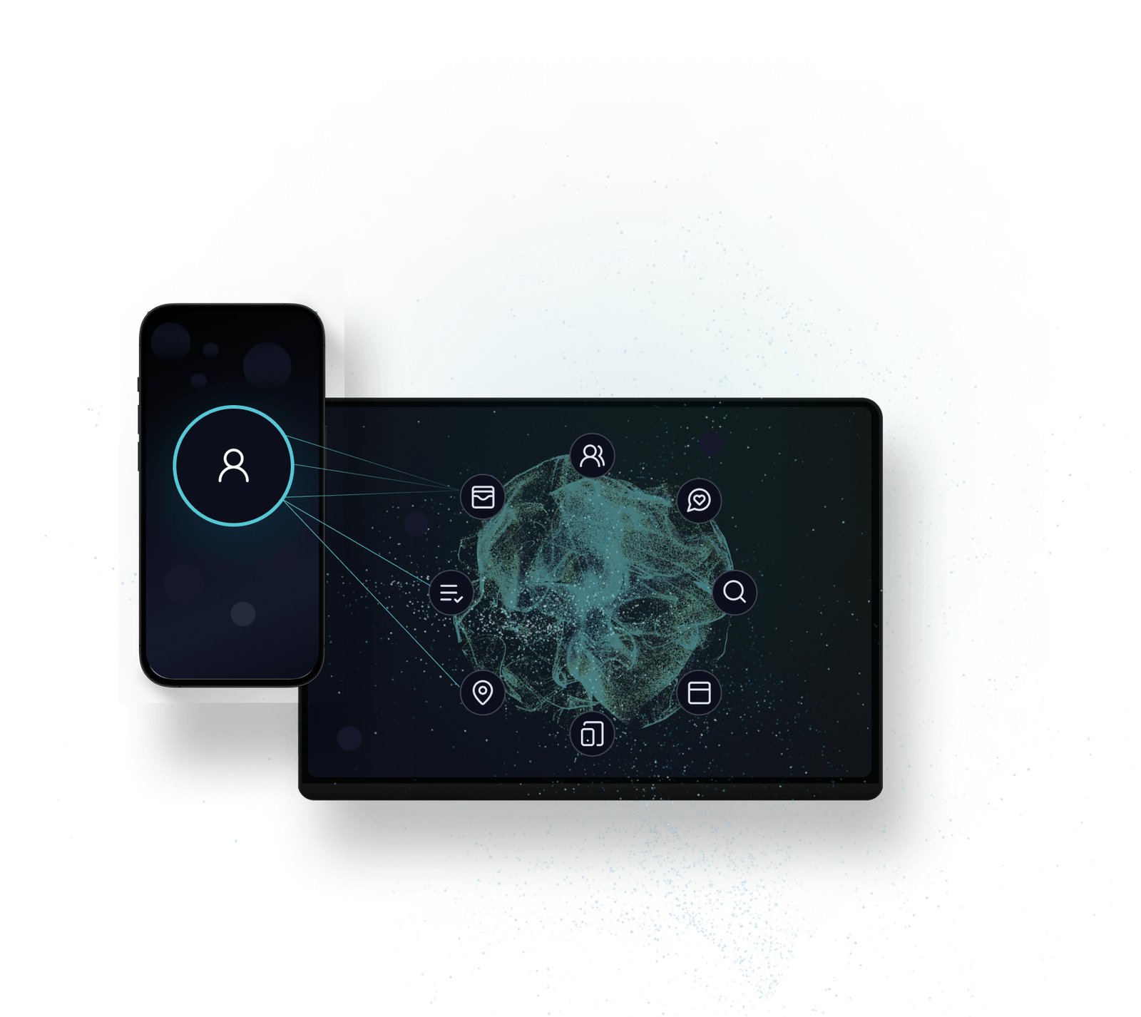 A phone connected to a glowing sphere of data particles, representing a single anonymized user ID resolving multiple data-bit streams