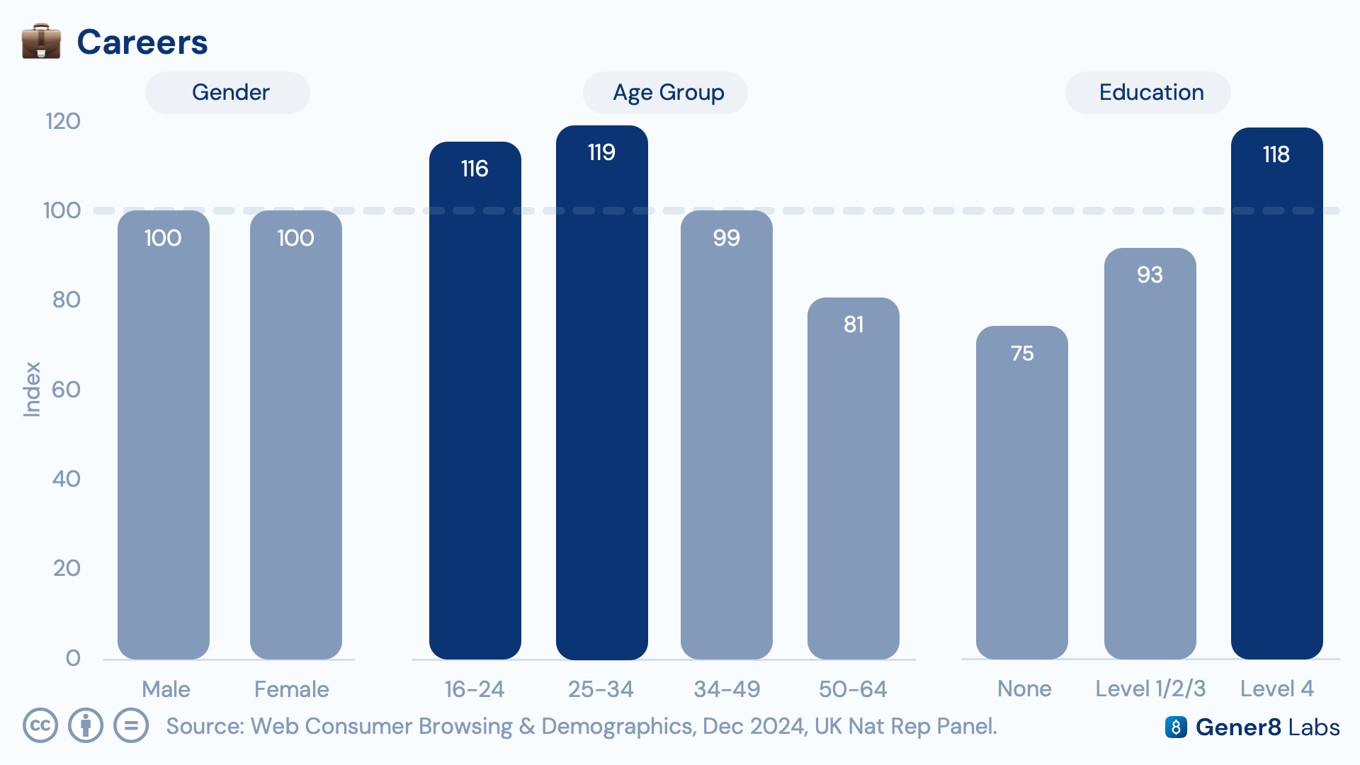 Demographic index chart of December careers site visits by age, education, and region